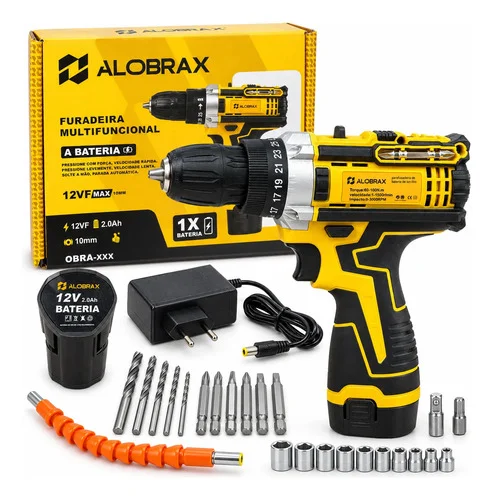 Parafusadeira Furadeira Potente 12v Com Kit De 25 Peças Amarelo 127/220v 50hz/60hz