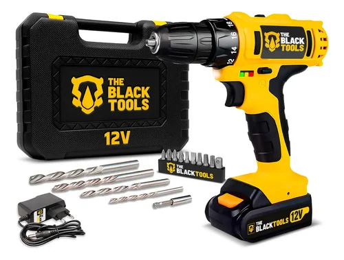 Parafusadeira Furadeira Sem Fio A Bateria 12v 3/8" 10mm Com Maleta E Acessórios Cor Amarelo The Black Tools