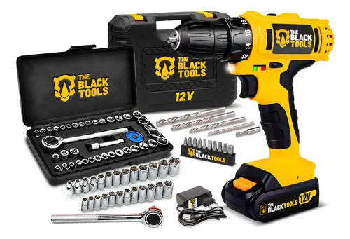 Parafusadeira Furadeira Sem Fio Bateria 12v P/ Madeira Metal Tb-12e The Black Tools Com Jogo De Soquetes 40 Peças