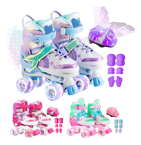 Patins Infantil 4 Rodas Ajustável Rodinha Led Kit Proteção