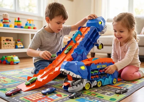 Pista de Brinquedo Melt Mind Caminhão Dinossauro Devorador com Lançador e Miniaturas