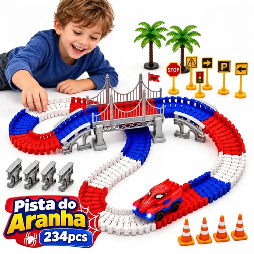 Pista de Carrinho Flexível Aranha 234 Peças Com Luz, Ponte Suspensa, Rampas, Placas E Acessórios Para Montar Diferentes Circuitos Lançador