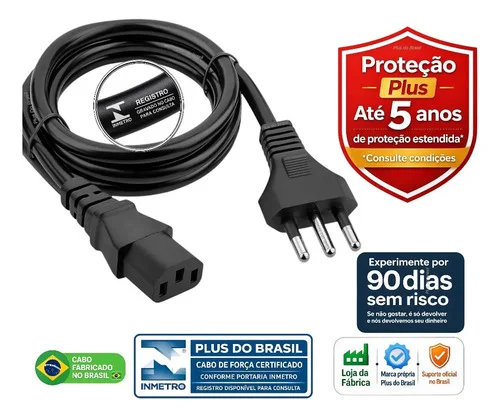 Plus Do Brasil Cabo De Força Energia 10a Tripolar P/ Pc Fonte Computador Cpu Monitor Eletrônicos Iec C13 Panela Eletrica Pressão Robo Aspirador Bivolt Reforçado Inmetro - 100% Cobre Aterramento Real