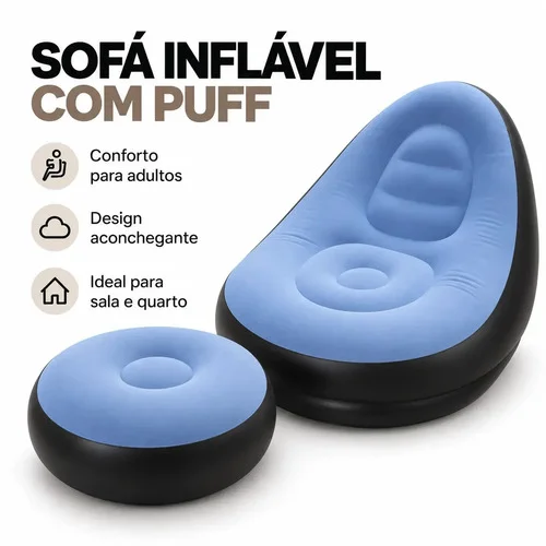 Poltrona Sofá Inflável Azul Adulto com Puff e Bomba Manual Aveludado Suporta 100kg para Sala Quarto Gamer Descanso Camping Portátil Confortável