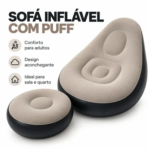 Poltrona Sofá Inflável Criança / Adolecente e Adulto com Puff e Bomba Manual Aveludado Suporta 100kg para Sala Quarto Gamer Descanso Camping Portátil Confortável - Holotv