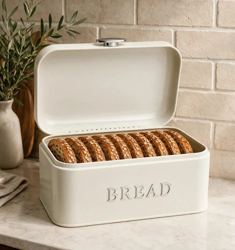 Porta Pão Grande Organizador De Metal Para Cozinha E Padaria Bege Lisa