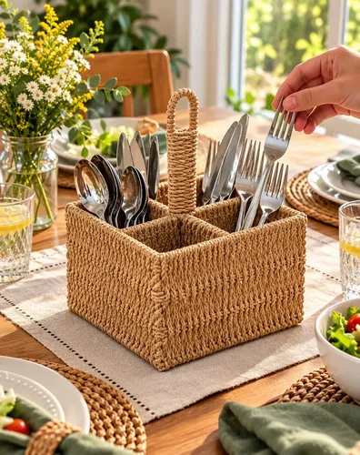 Porta Talheres de Sisal 15x20cm com 4 Divisórias – Organizador de Mesa Posta Natural para Almoço em Família, Churrasco e Café da Manhã