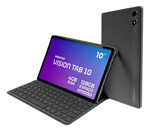 Positivo Vision Tab 10 com Capa Teclado 4GB RAM 128GB Armazenamento, Octa-Core, 5+ 13MP, Bateria 6000mAh, Tela 10.1“ HD, Wifi AC e 4G, Full Lamination - Preto