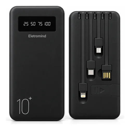 Power Bank 10000 mah Turbo Carga Rápida Carregador Portátil Com Cabo Integrado Display Digital Usb Tipo C Compativel com iPhone Android iOS Samsung Xiaomi Motorola Celular Eletromind