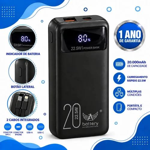 Power Bank 20000mAh Carga Rápida 22.5W para iPhone e Samsung, Com Cabos Embutidos e Display preto/branco