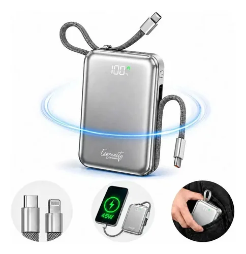 Power Bank 20000mAh Carregamento Rápido 45W, com Cabos USB-C e USB-A, para iPhone e Galaxy