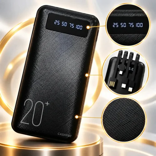 Power Bank 20000mAh Turbo Carga Rápida 4 Cabos Integrados Display LED Carregador Portátil Proteção Sobrecarga Cashpay Para Celular Viagem Preto