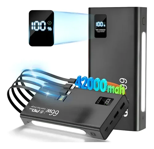 Power Bank 42000mah 66w Turbo Rápido Com 4 Cabos Preto
