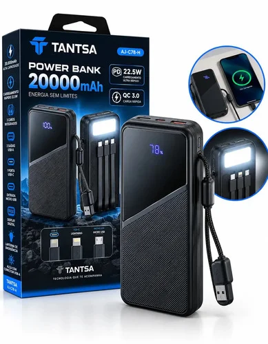 Power Bank Tantsa 20.000mAh Turbo com 4 Cabos Integrados e Lanterna de Emergência