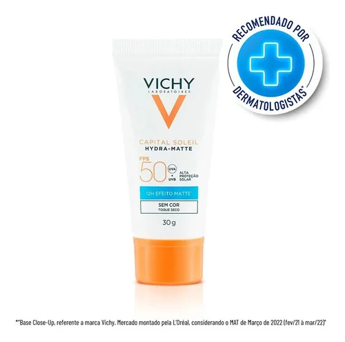 Protetor Solar Facial com Efeito Matte por 12h, Alta Proteção FPS 50, Toque Seco e Controle de Brilho, Sem Cor, Capital Soleil HydraMatte, Vichy, 30g