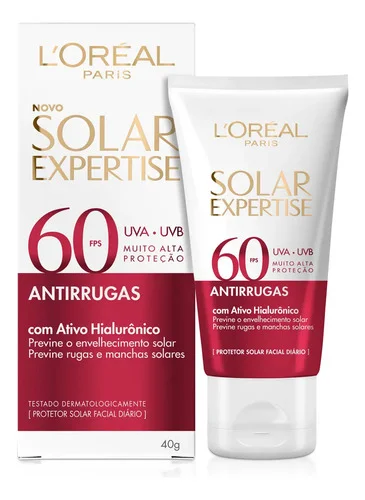 Protetor Solar Facial FPS 60 com Ativo Hialurônico que Previne Rugas, Manchas Solares, Hidrata e Tem Toque Seco, sem Perfume, Solar Expertise Antirrugas L'Oréal Paris 40g