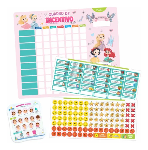 Quadro Rotina Tarefas Incentivo Infantil Magnético 157 Peças Princesas