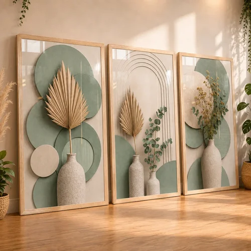 Quadros Decorativos Sala Folha Verde Bege Neutro Boho 122x60 Carvalho