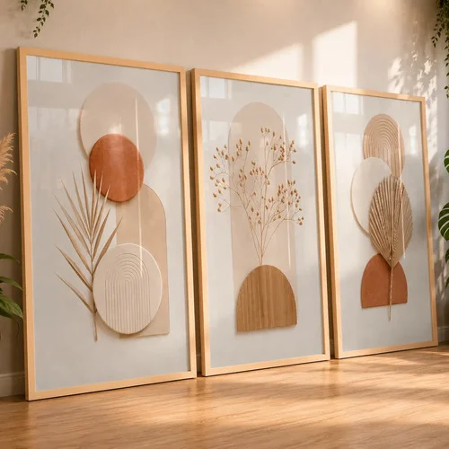Quadros Decorativos Sala Geométrico Neutro Boho Claro 122x60 Carvalho