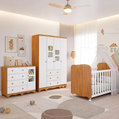 Quarto Bebê Berço Americano Guarda Roupa 4 Portas Cômoda Uli