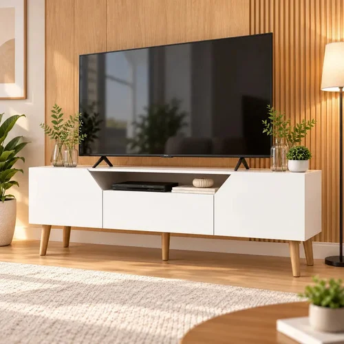 Rack Moderno 136cm 3 Portas TV até 55" Polegadas Com Nicho Pés Multiuso Para Sala De Estar Branco