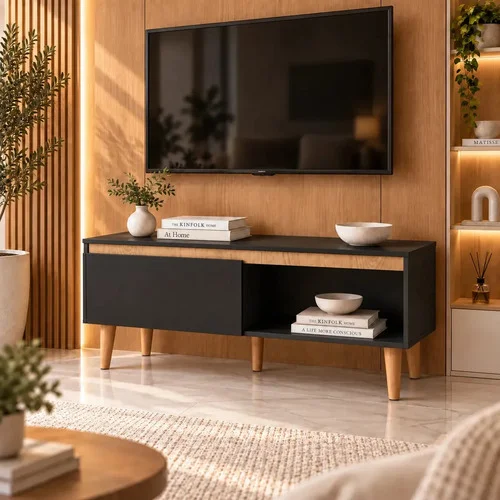 Rack Para Sala Tv Até 50" Polegadas Moderno 107cm Com Pés Porta Nicho Cor Preto Amadeirado Multiuso