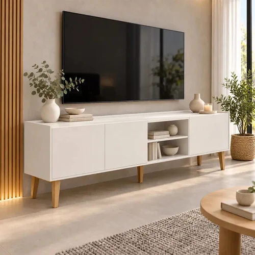 Rack Para Tv Até 3 60" Polegadas Portas Nicho Com Prateleira Grande Pés Palito Estante Para Sala Completa Cor Branco