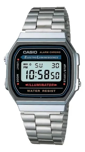 Relógio de pulso digital Casio A-168WA-1 com corria de aço inoxidável cor prateado - fondo cinza-claro