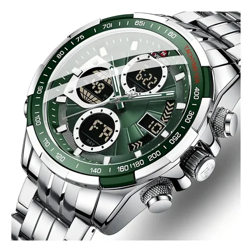 Relógio esportivo digital masculino Naviforce Nf9197, aço verde, pulseira cinza, moldura cinza