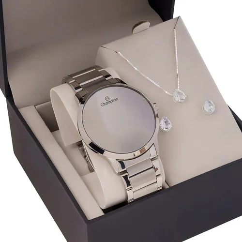 Relógio Feminino Champion Digital 42 Milímetros Display Espelhado LED Branco Prova D´Agua 50m com Calendário Pulseira Aço Inoxidável