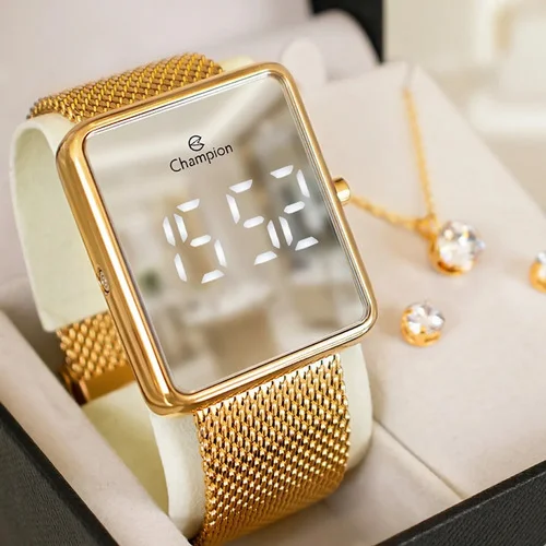 Relógio Feminino Champion Dourado Espelhado Kit Colar Brinco Dourado Espelhado