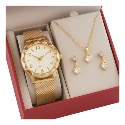 Relógio Feminino+ Colar Pingente Brincos Folheado A Ouro 18k Dourado Branco