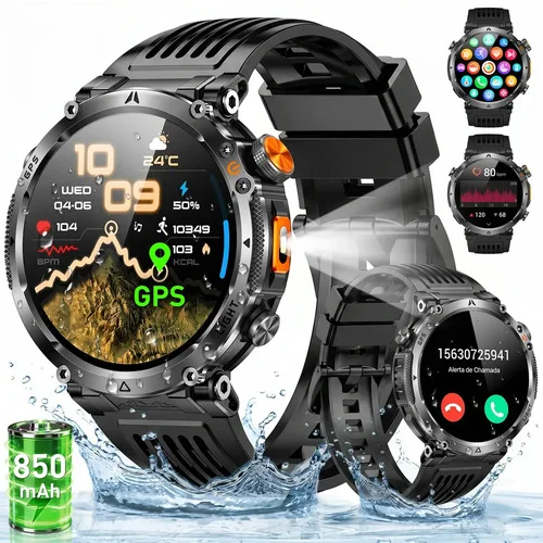 Relógio Inteligente Smartwatch Gps Autônomo IP68 3ATM À prova dágua 850mAh Preto NOVANTE Digital Feminino Masculino Esportivo Android IOS Notificações Instantâneas Bluetooth Chamadas Lanterna Bússola