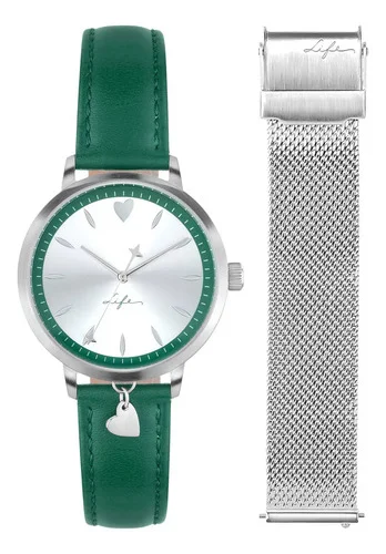 Relógio Life Lovely Feminino Aço Pulseira Couro Verde 3.6cm