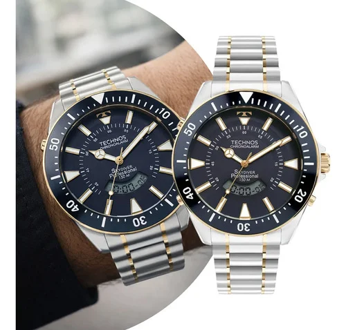 Relógio Masculino Technos Skydiver Prata Azul Luxo Elegante