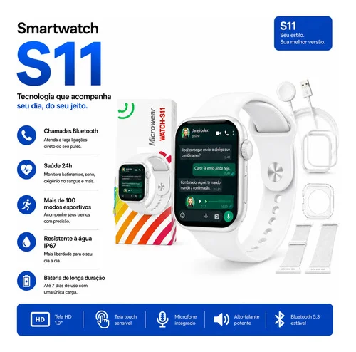Relogio Smartwatch S11 Series 11 Gps Nfc Whatsapp Lançamento Prateado Silicone Branco