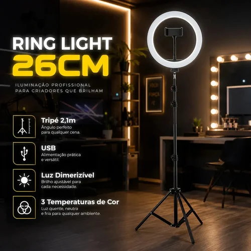 Ring Light Led Profissional Com Tripé 2,10m Estrutura Preta Luz Quente/frio/neutro