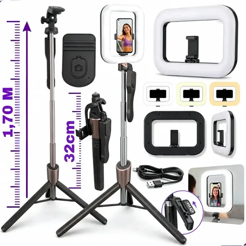 Ring Light Quadrada Com Tripé Selfie E Controle Bluetooth  127/220v Preto 3 Tons De Branco