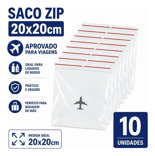 Saco Zip Lock 20x20 C/10 Unidades Para Viagens Aéreas 0.8m