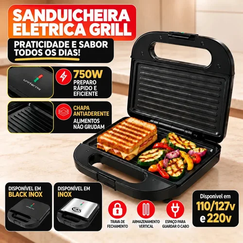 Sanduicheira Elétrica Antiaderente 750W para 2 Sanduíches, com Grill de Inox e Termostato Automático