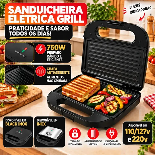 Sanduicheira Elétrica Grill Inox 750w Antiaderente VYROX Chapa 2 Sanduíches Compacta Multiuso 2 Em 1 Termostato Automático