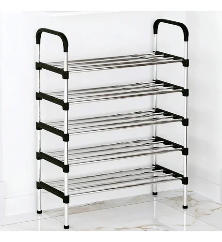 Sapateira Vertical Moderna Preto Aço Cromado 5 Prateleiras 97x54x26cm