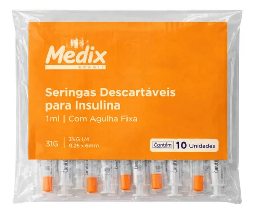 Seringa Insulina 1ml Ag Fina 6x0,25mm 31g - Kit 10un Medix 1 Ml