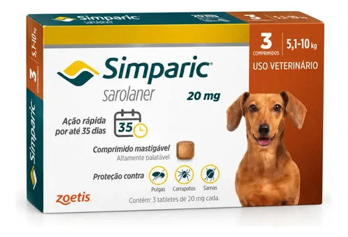 Simparic 20mg 3 Comprimidos Cães 5,1 A 10kg Original