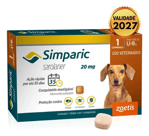 Simparic 20mg Antipulgas Para Cães 5.1 A 10kg Zoetis 1 Comprimido