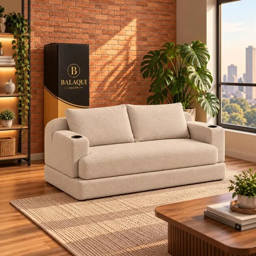 Sofá Cama Casal Colchão 1,50m Com Porta Copos Balaqui Decor Bege Boucle