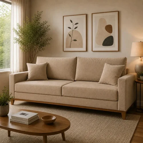 Sofá Luxo 3 Lugares 1,80m Veludo Nobre Bege Confortável com 2 Almofadas Decorativas Pés de Madeira Ideal Para Sala, Escritório e Recepção