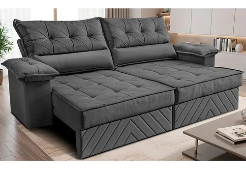 Sofá Retrátil 2,10m Molas E Espuma D33 Thunder. Cama Inbox Cinza Liso