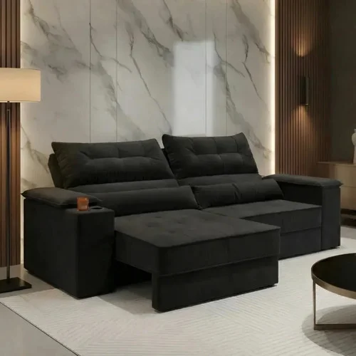 Sofá Retrátil Reclinável 3 Lugares Suede 2,10m Manhattan Cor Preto