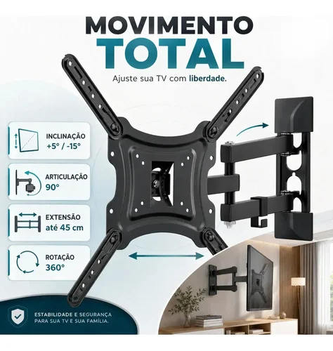 Suporte Articulado Para Tv Lcd Led 3d 24 32 40 42 49 50 55 Preto